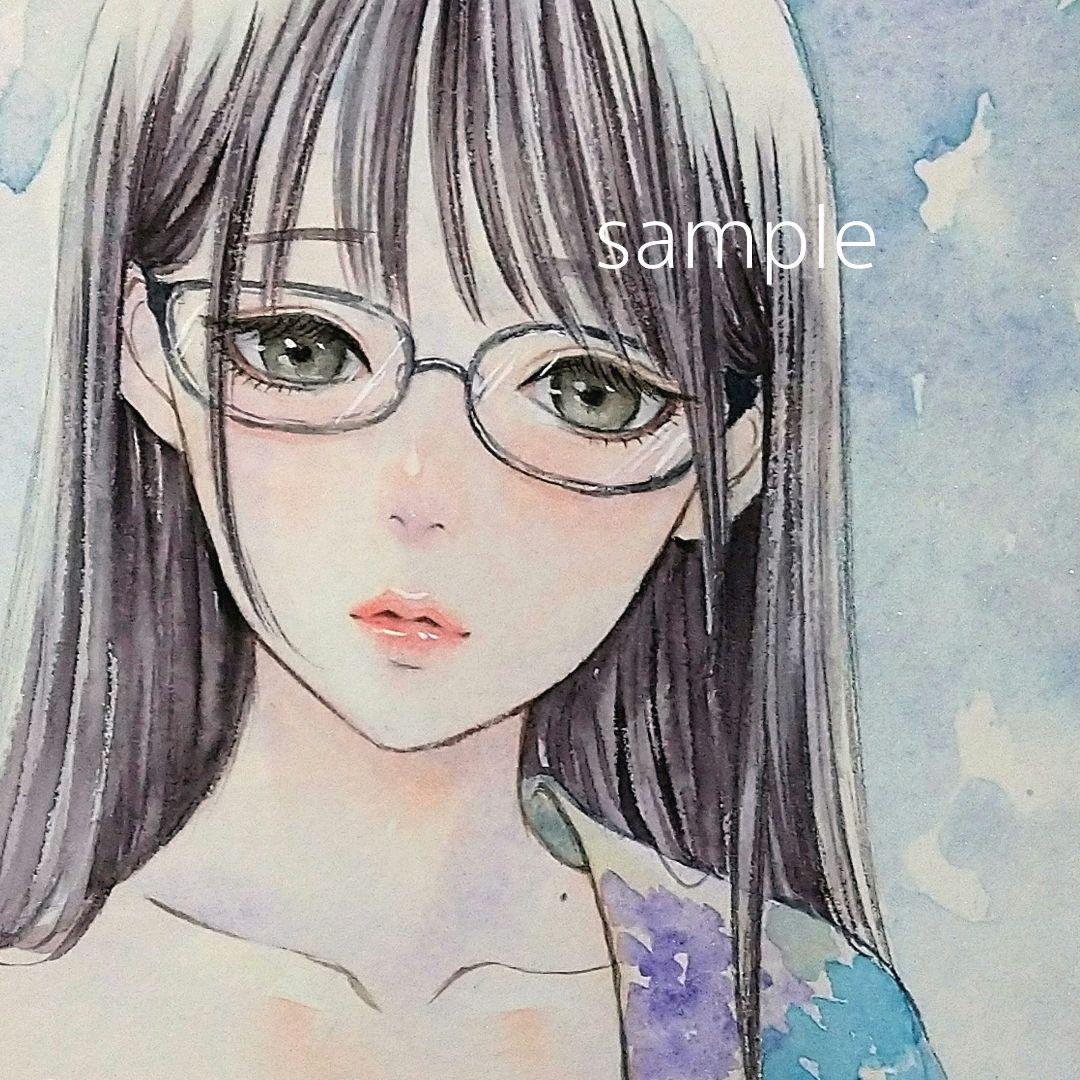 絵画　手描きイラスト　美人画　水彩画　原画　浴衣　眼鏡　紫陽花