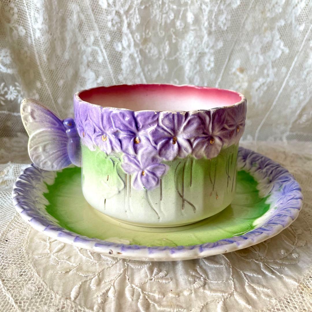 【レア】蝶とすみれのバルボティーヌショコラカップ　C&S フランスアンティーク