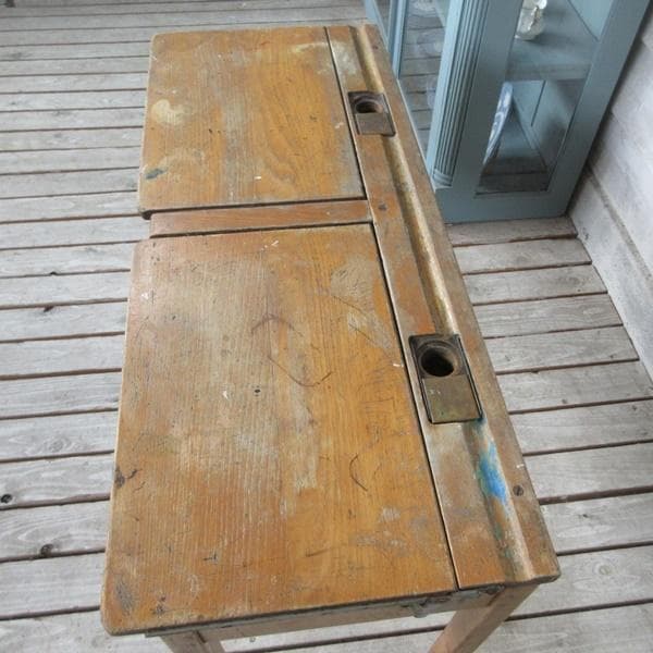 レア イギリス製 アンティーク 家具 スクールデスク 机 2人掛け 6047e