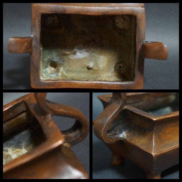 清時代 【大明宣徳年製】款 古銅双耳長香炉 寺院銅爐 茶道具/ 香道具☆時代物☆
