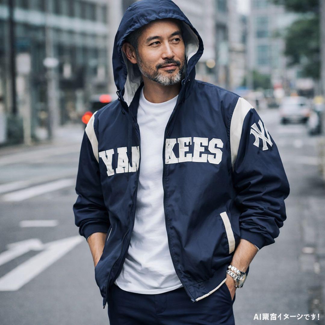 MLB公式ニューヨークヤンキースフード付きナイロンジャケットY2K XLネイビー
