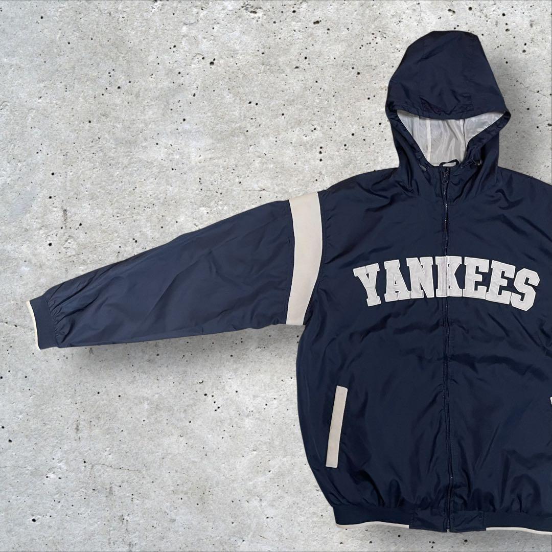 MLB公式ニューヨークヤンキースフード付きナイロンジャケットY2K XLネイビー