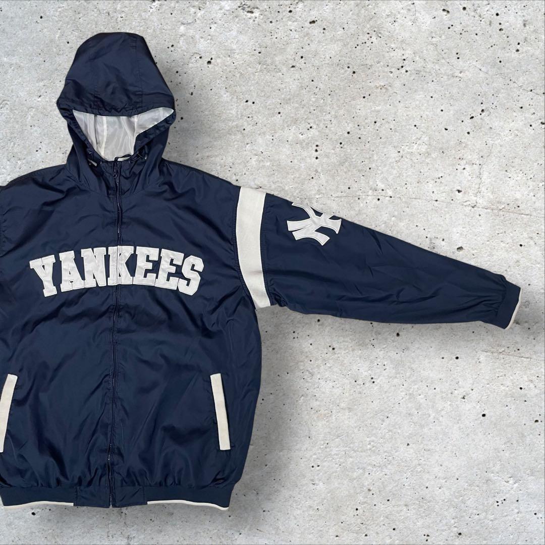 MLB公式ニューヨークヤンキースフード付きナイロンジャケットY2K XLネイビー