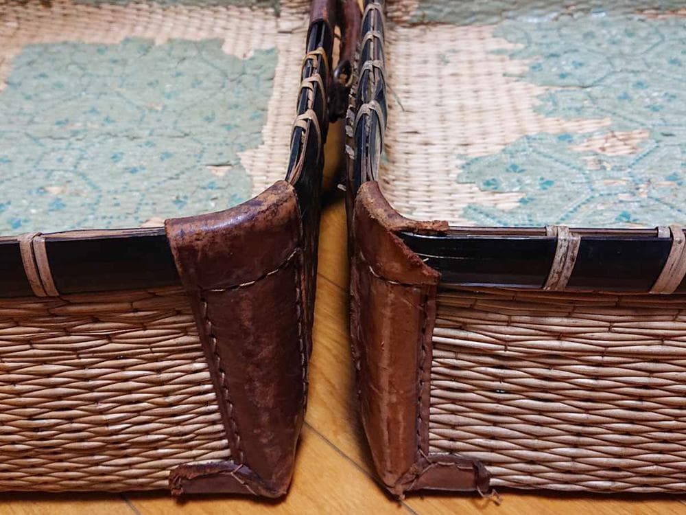 【木】　★ 竹木 柳編み収納鞄 ★　時代物　柳枝 本革 店舗什器　民俗雑項