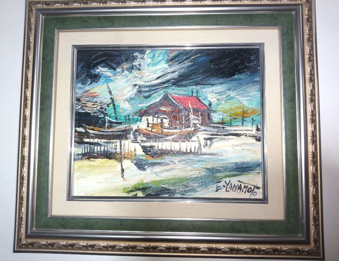 絵画、油彩、３号、夜の海、山本英二、額縁付き、真作、肉筆。