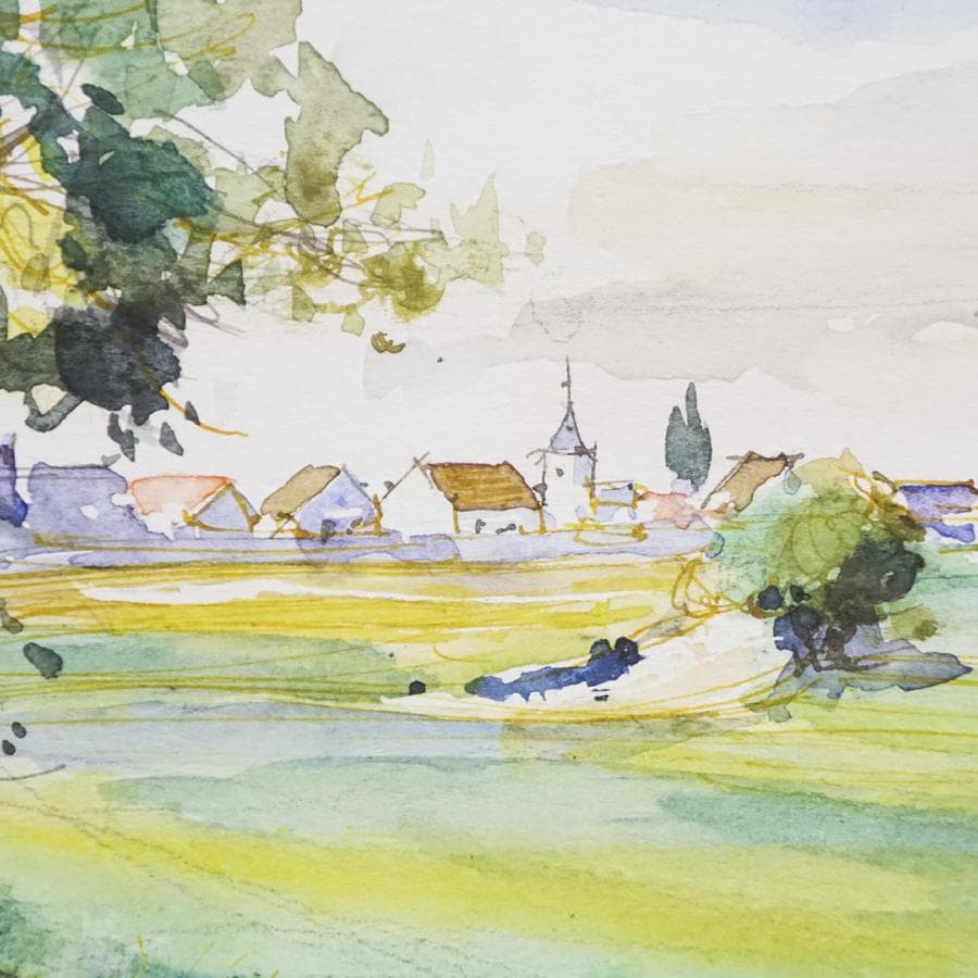 ピエール・ヌブー『パリ近郊』 風景画 水彩画 絵画 肉筆 額装