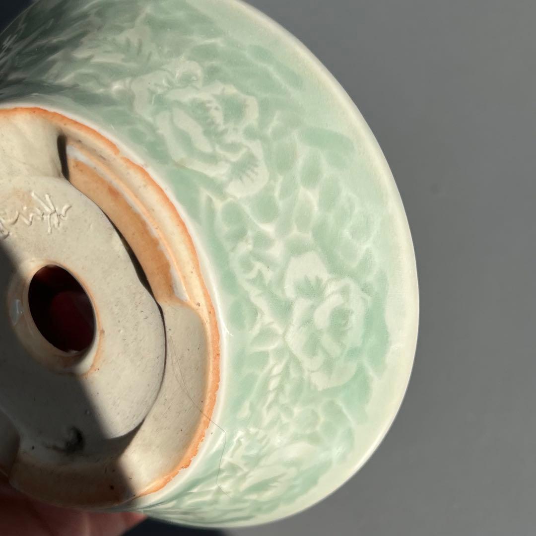 621.森山秀山 青瓷釉彫刻丸鉢 盆栽鉢 植木鉢 11.6*3.9cm