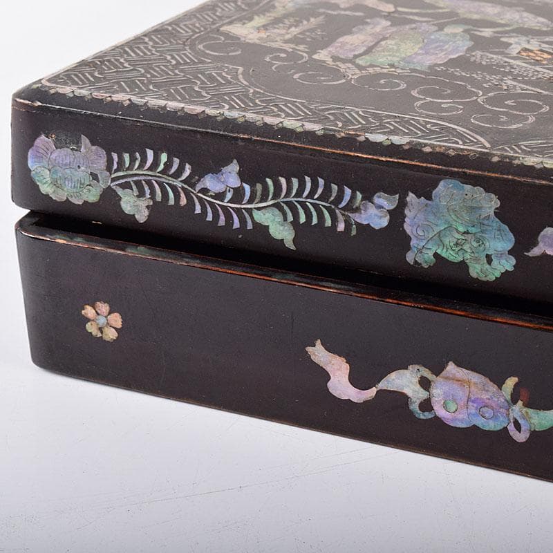 さき　中国　黒漆　螺鈿装飾山水人物文　硯箱　硯　墨　水滴一式　GR8428