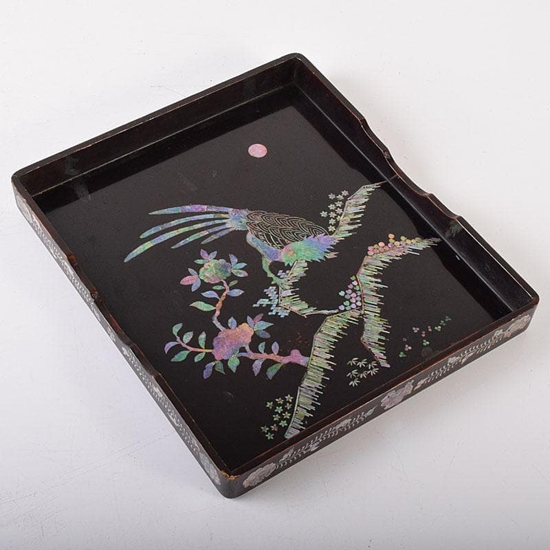 さき　中国　黒漆　螺鈿装飾山水人物文　硯箱　硯　墨　水滴一式　GR8428