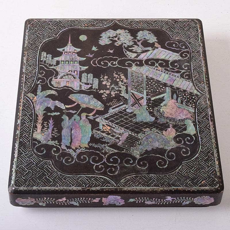 さき　中国　黒漆　螺鈿装飾山水人物文　硯箱　硯　墨　水滴一式　GR8428