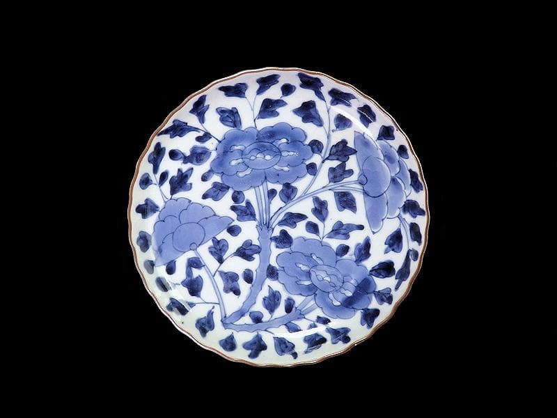 古伊万里　染付　牡丹に牡丹唐草の図　６寸皿　江戸期　F173AS-fbqu