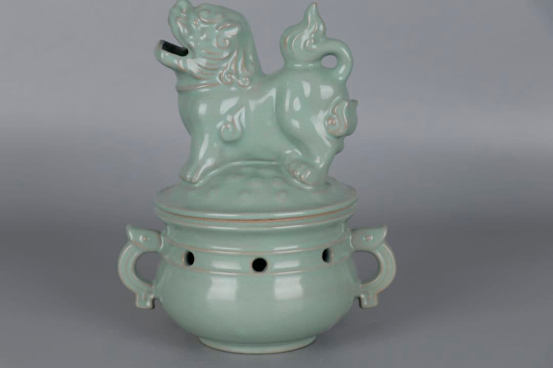 宋汝窯開片釉獅子蓋薫香炉 景徳鎮 陶磁器 装飾品 現代工芸品 美術品 置物