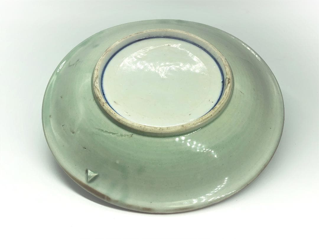 【 青磁染付菊扇文皿 】　古伊万里　収蔵骨董