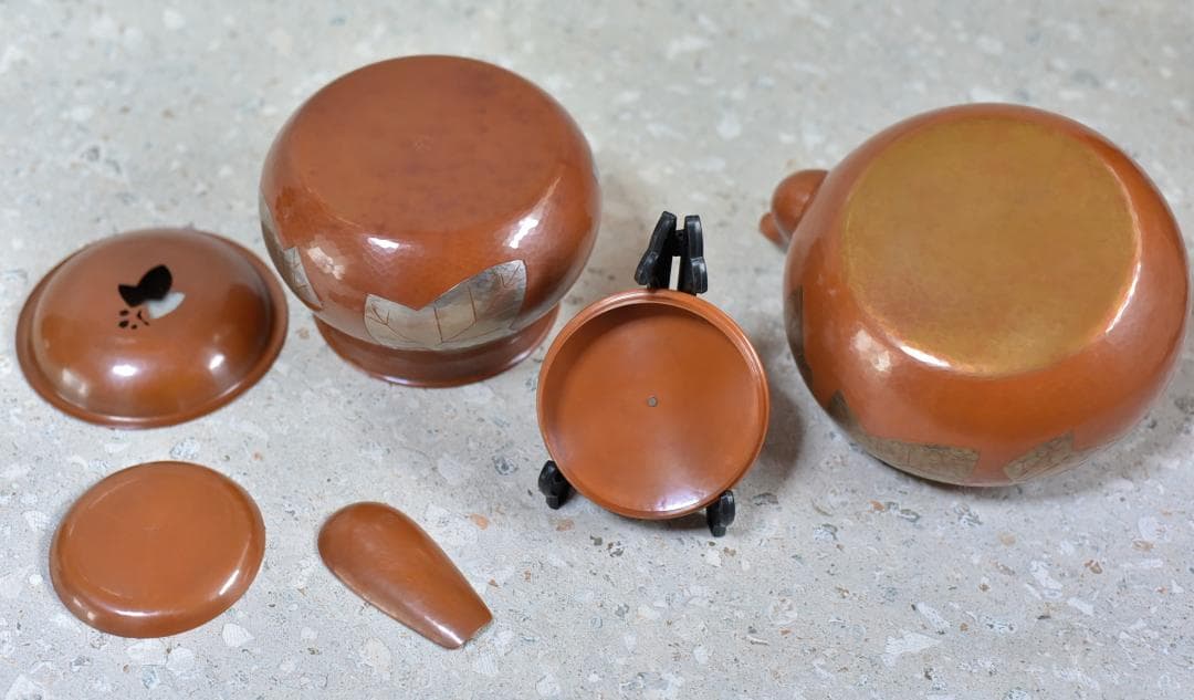 玉川堂、鎚起銅器、葉分茶器揃（7点）　銅器　共箱／茶道具