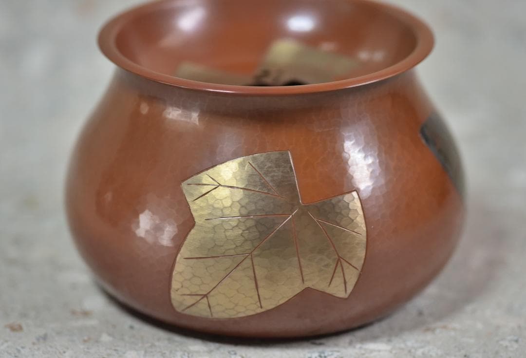 玉川堂、鎚起銅器、葉分茶器揃（7点）　銅器　共箱／茶道具