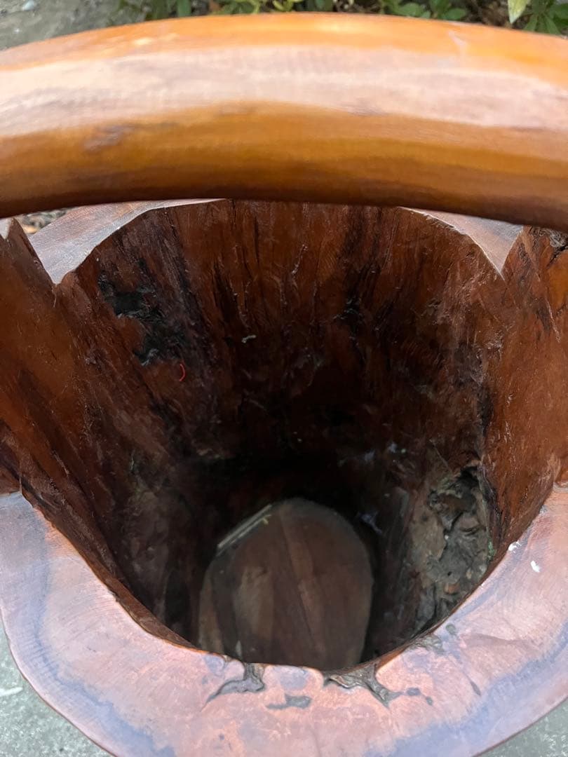 昭和レトロ天然木 無垢材 くり抜き 手桶型 傘立て 14.6kg 花器 古道具
