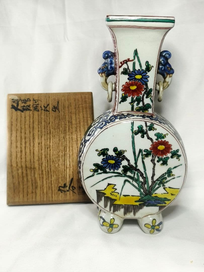 九谷焼 遊環付 太鼓胴花生 明治骨董 共箱 手描き 旧家蔵出し コレクター放出