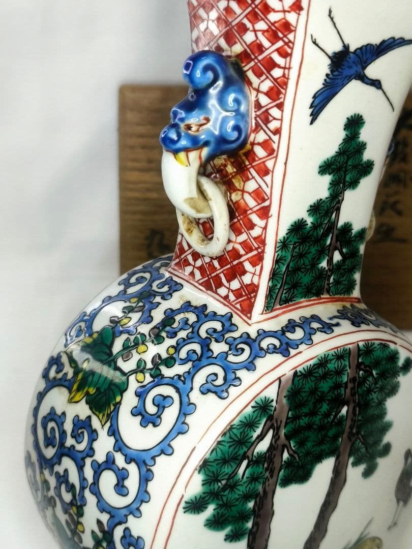 九谷焼 遊環付 太鼓胴花生 明治骨董 共箱 手描き 旧家蔵出し コレクター放出