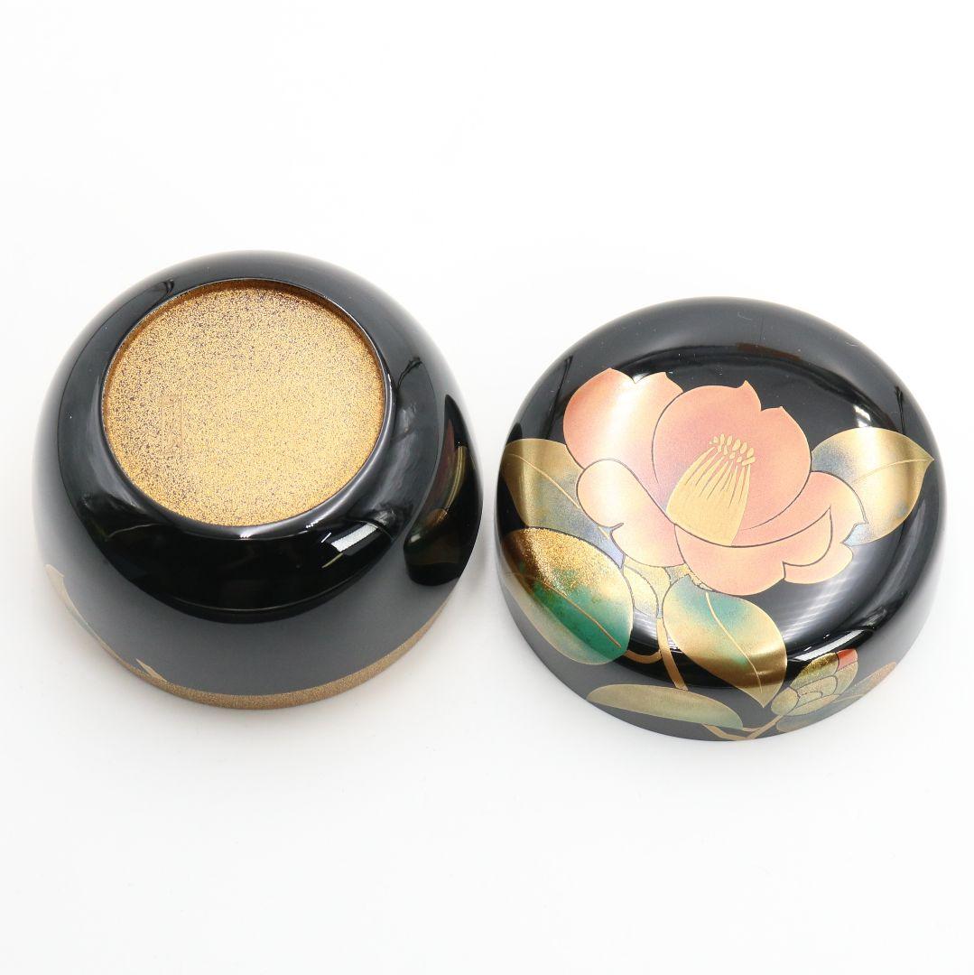 桜井一良作 椿蒔絵 平棗 金梨子地 金蒔絵 茶道具 共箱共布　M347　TC1