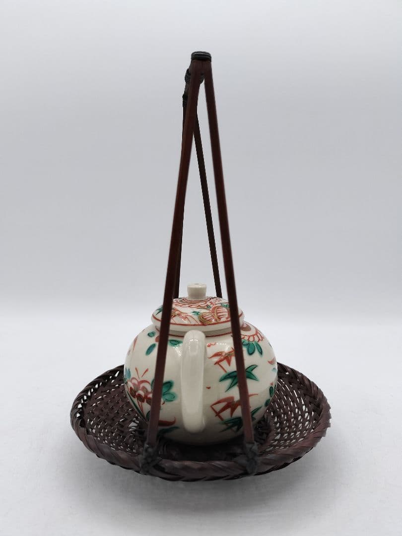 c793 煎茶　廻し篭セット 赤絵 後手急須 晃雲作 廻し籠　茶道具 古物