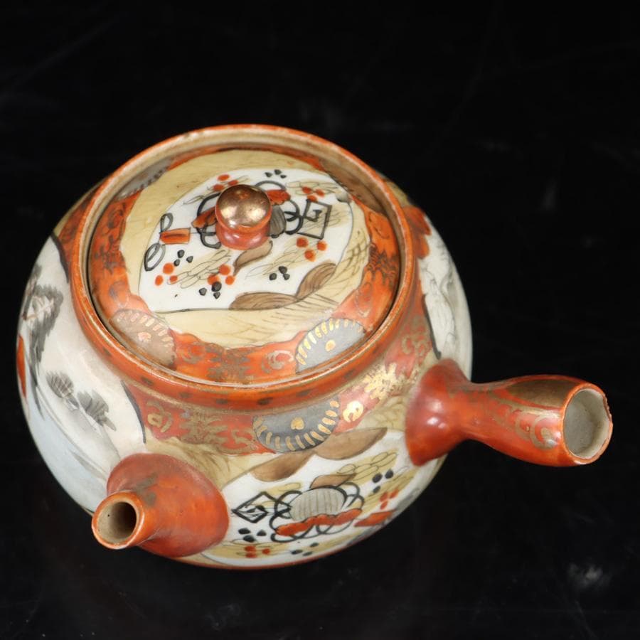 Y3337-1 九谷焼 金彩赤絵 煎茶碗揃 急須・湯冷まし・煎茶碗 共箱　　よ