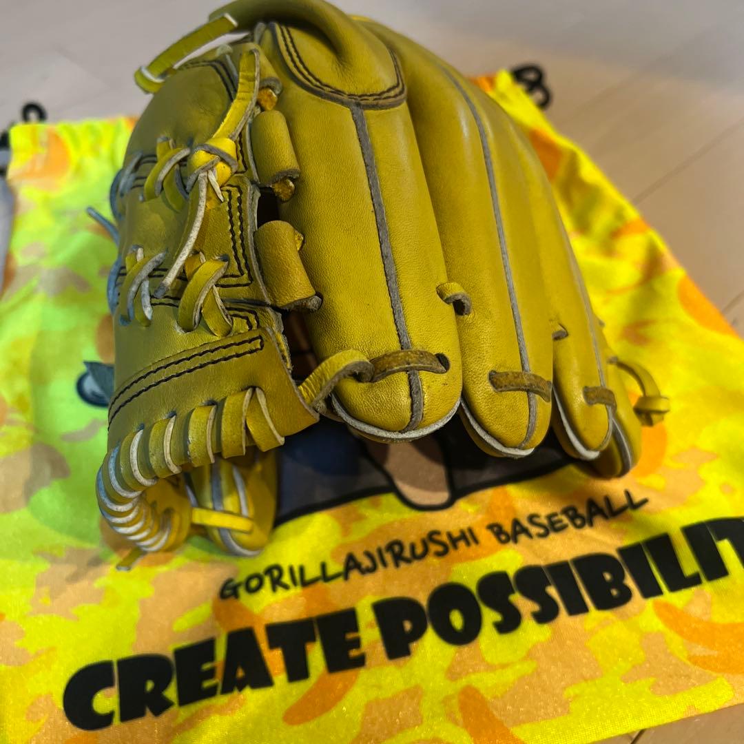 イエロー 硬式野球グローブ ゴリラ刺繍 収納袋付き