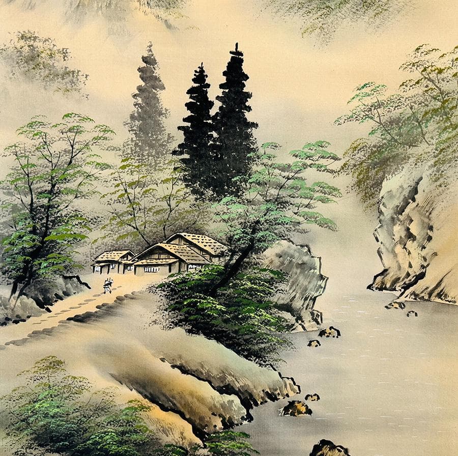 見事‼︎ 平野 翠雪 筆 彩色山水 掛け軸 掛軸 肉筆 共箱 タトウ箱 尺八立