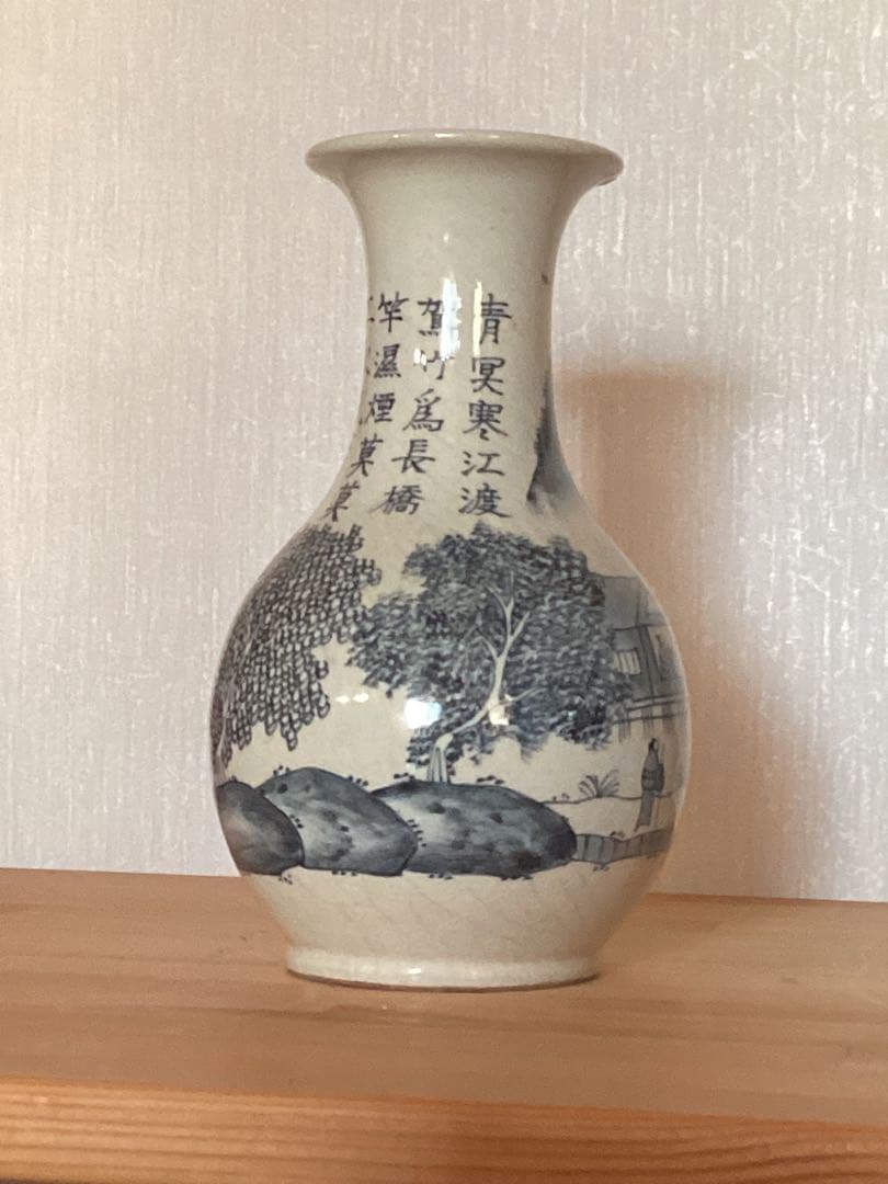 時代物　湖東焼　漢詩染付風景図　花瓶　古陶磁　高さ約20.5cm×幅約15cm