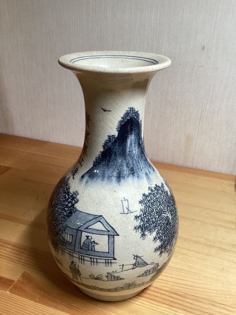 時代物　湖東焼　漢詩染付風景図　花瓶　古陶磁　高さ約20.5cm×幅約15cm