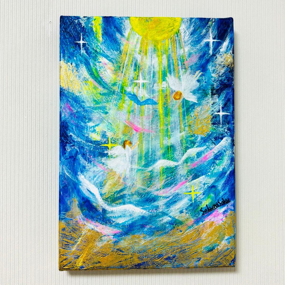 【降り注ぐ金色の光】,天使,angel,空,青空,光,ブルー,青,青い鳥,抽象画