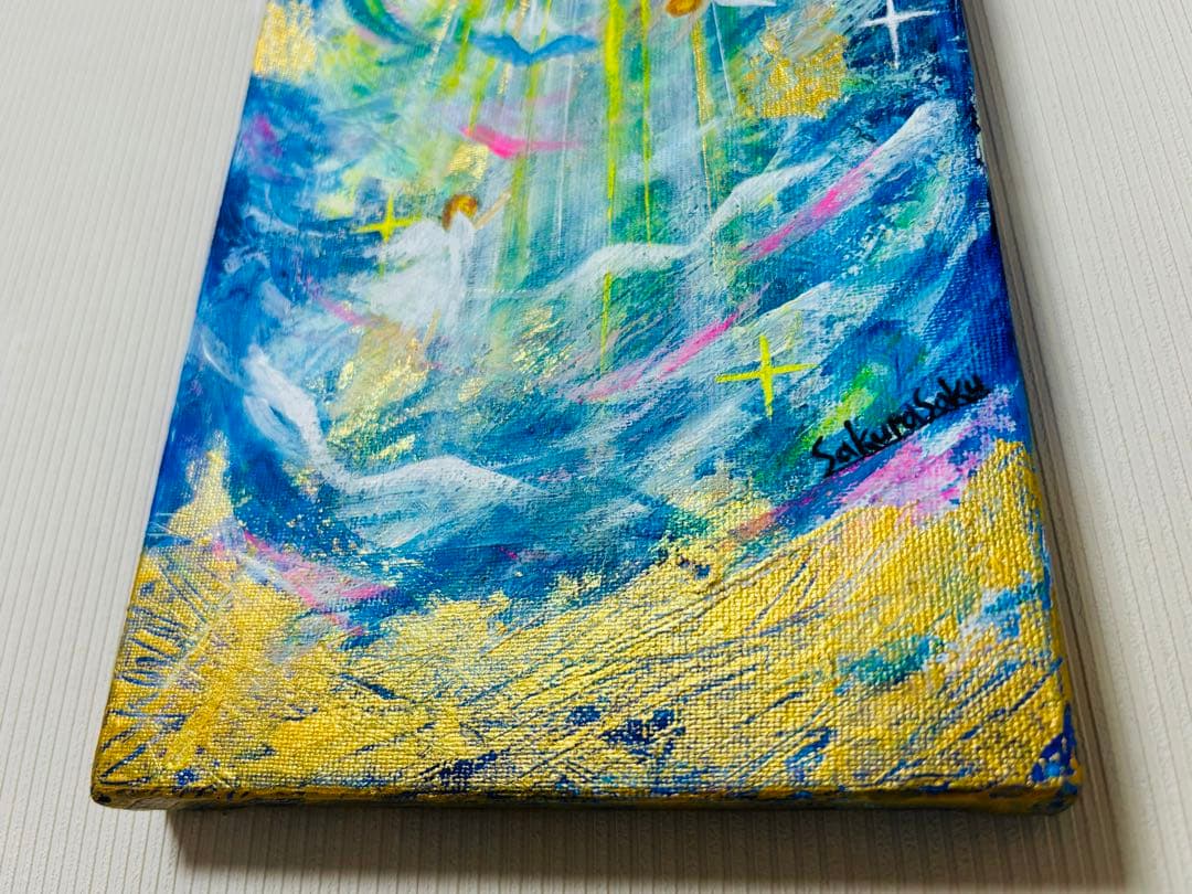 【降り注ぐ金色の光】,天使,angel,空,青空,光,ブルー,青,青い鳥,抽象画