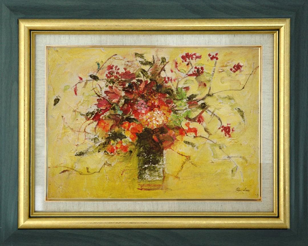 油絵 菅家令子 絵 絵画インテリア 額付(青緑＋金色の枠)F4-070702 花