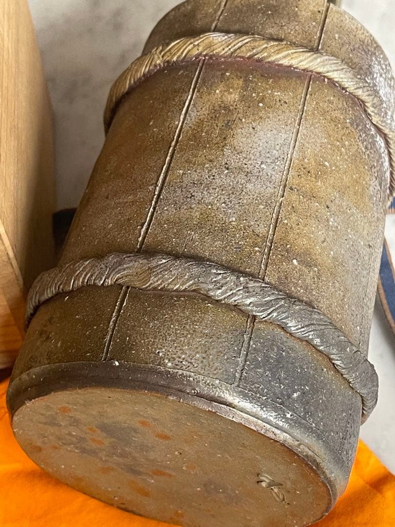 備前焼 花瓶 陶磁器「森泰司備前 手付花入」陶印共箱共布　PQPC