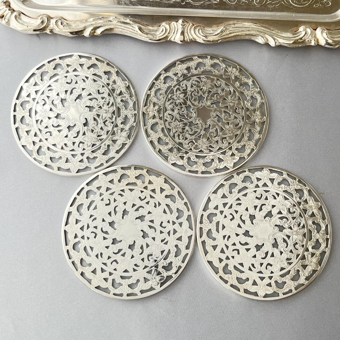 【WEBSTER】 【純銀 / ガラス】コースター 4枚 スターリングシルバー