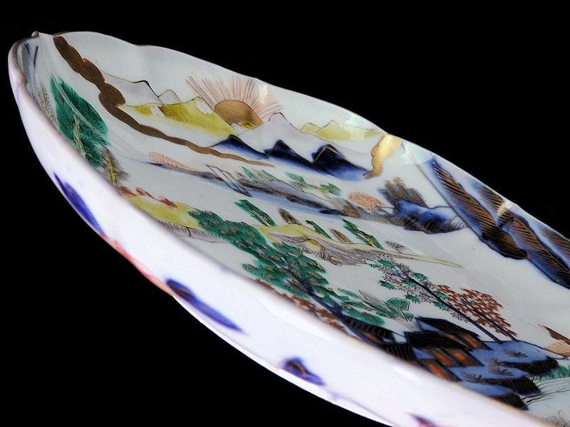 古伊万里　色絵　朝日に山水の図　7寸半皿　B295A-CQc