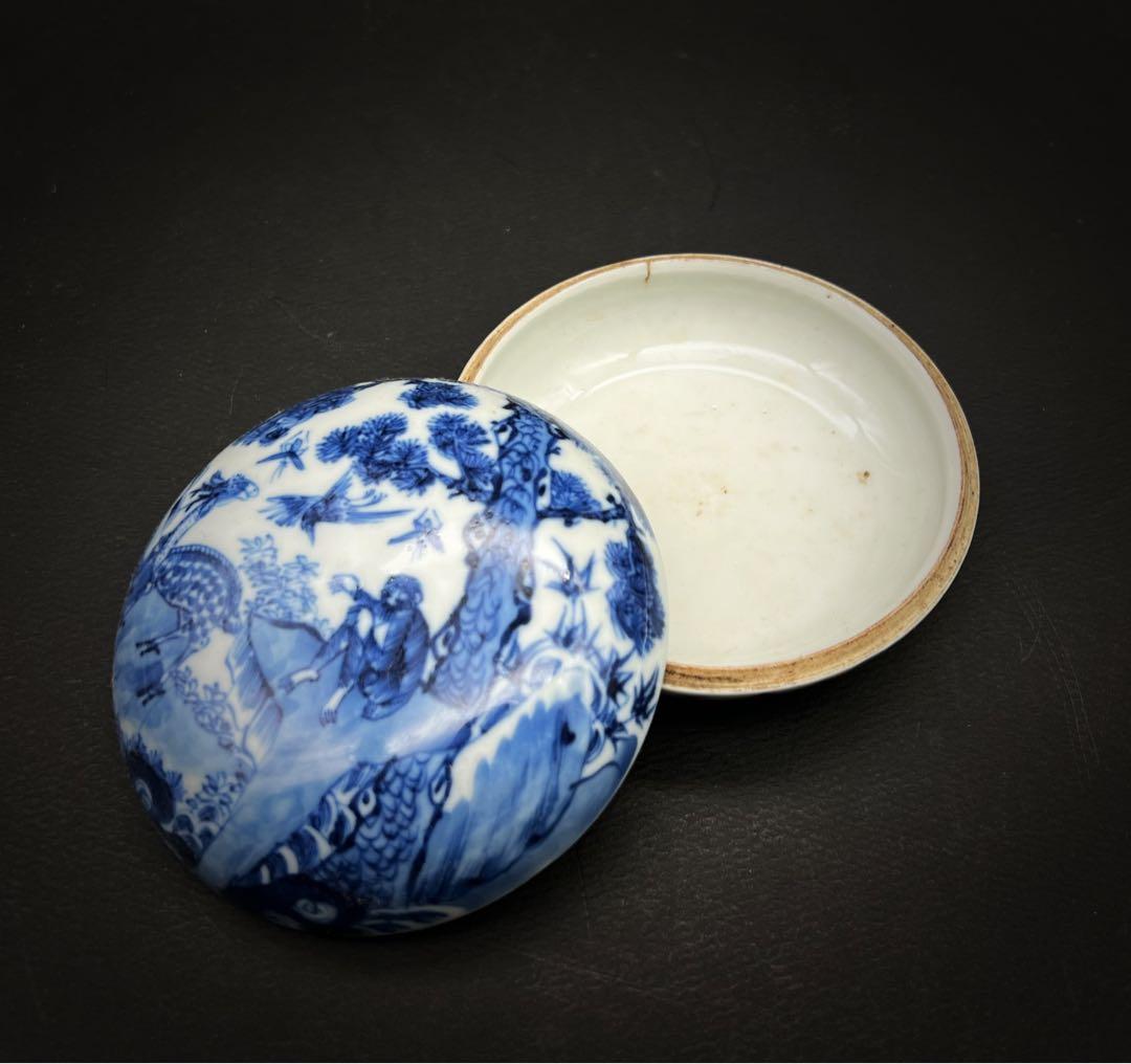 中国美術 古玩 青花染付 乾隆年製 爵禄封侯 山水紋樣 蓋合 古道具