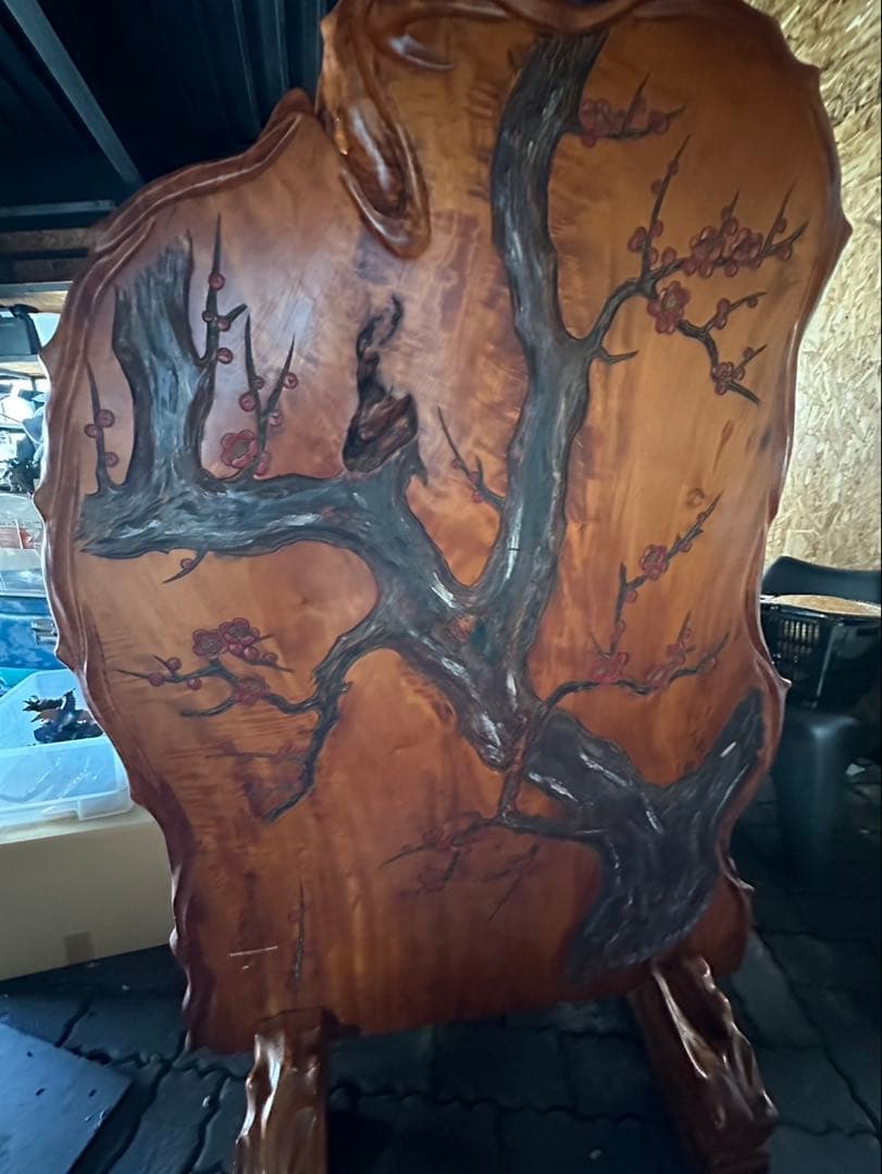 一枚板　衝立　木製彫刻　紅葉 梅の花