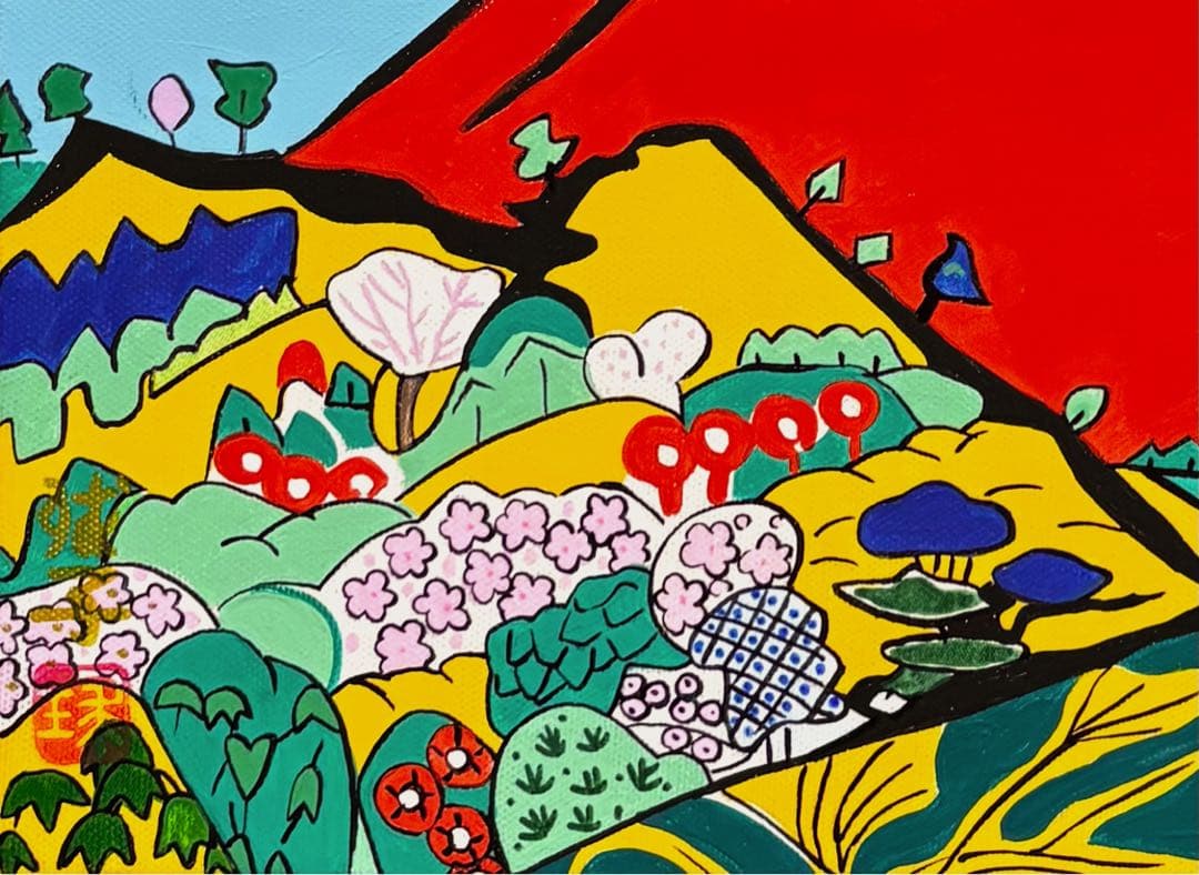 【F4号】手描き油彩　片岡球子【富士】赤富士　未使用額　額縁　サイン　落款