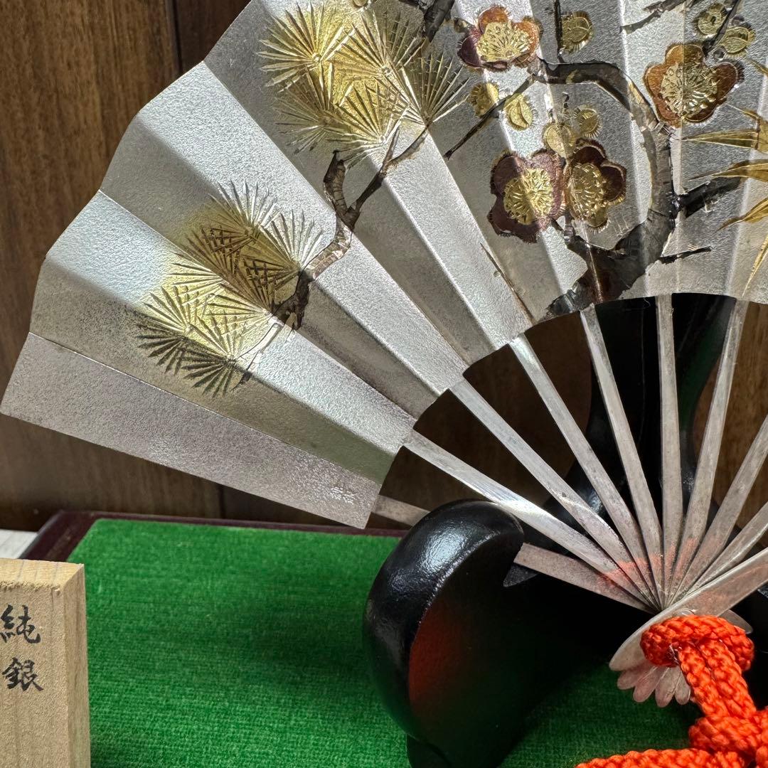 純銀 扇 5号(松竹梅) 純銀製 扇子 置物 武比古作 銀細工 インテリア