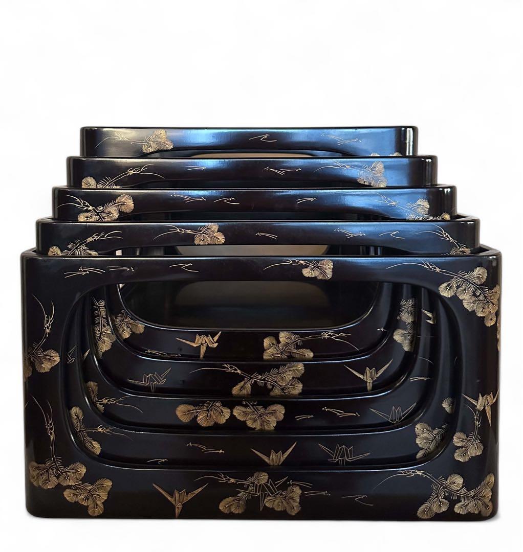 輪島塗 脚付膳 入れ子　５客 明治期 廣盆 漆器 蒔絵 黒朱塗沈金 漆塗