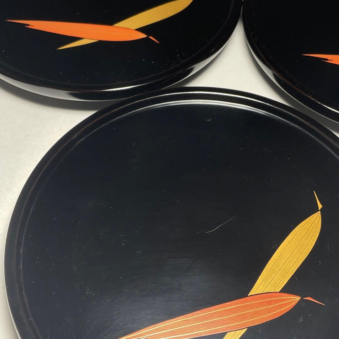 輪島塗 蒔絵笹 黒塗菓子皿五枚揃い【中前典次】作 中前謹製 天然木◆