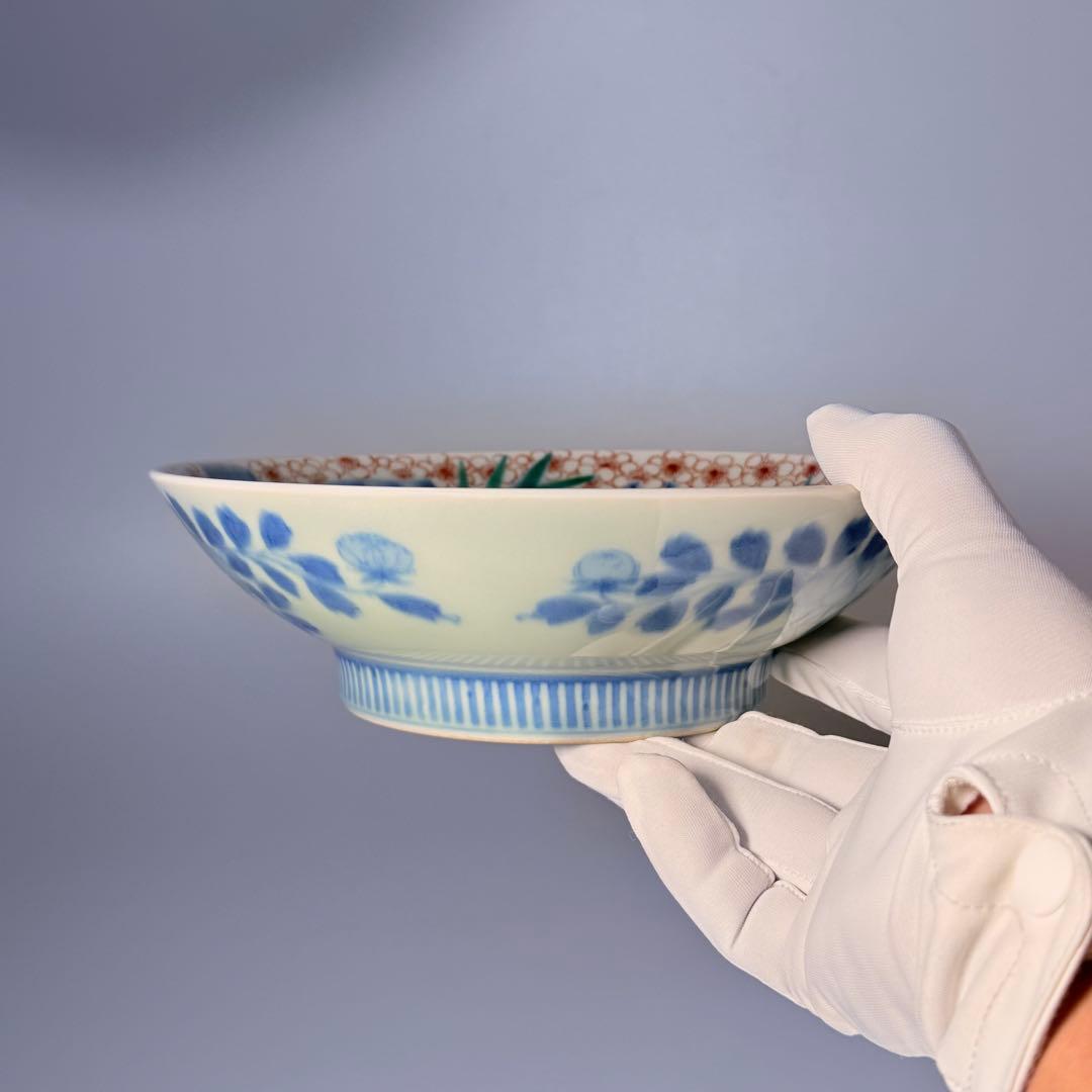 後期鍋島　献上品　色絵宝珠文高台皿　櫛文様高台　共箱　赤絵　桜文様