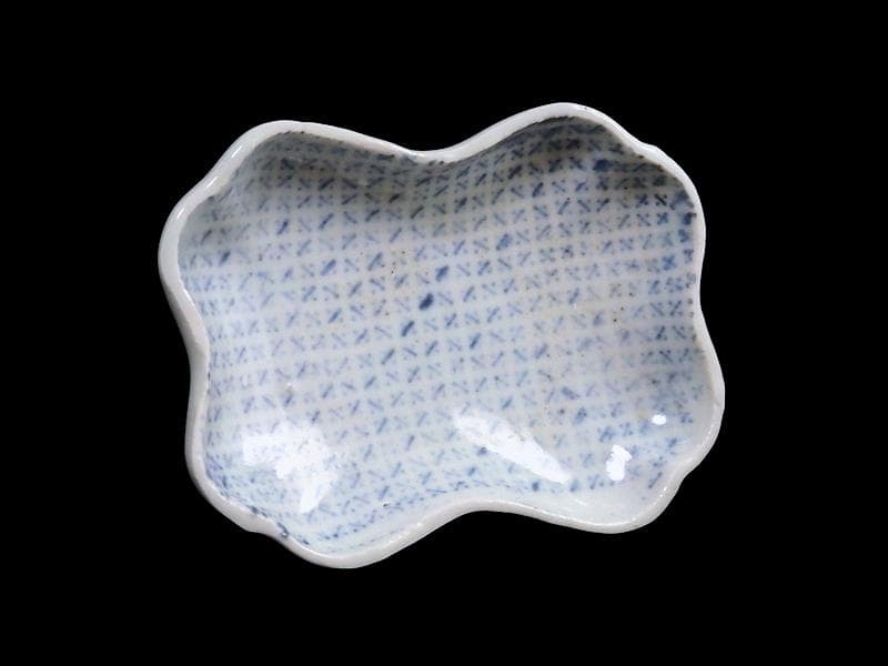 古伊万里　染付　型刷印判　幾何学文様の図　変形皿　E578 AS-CWh