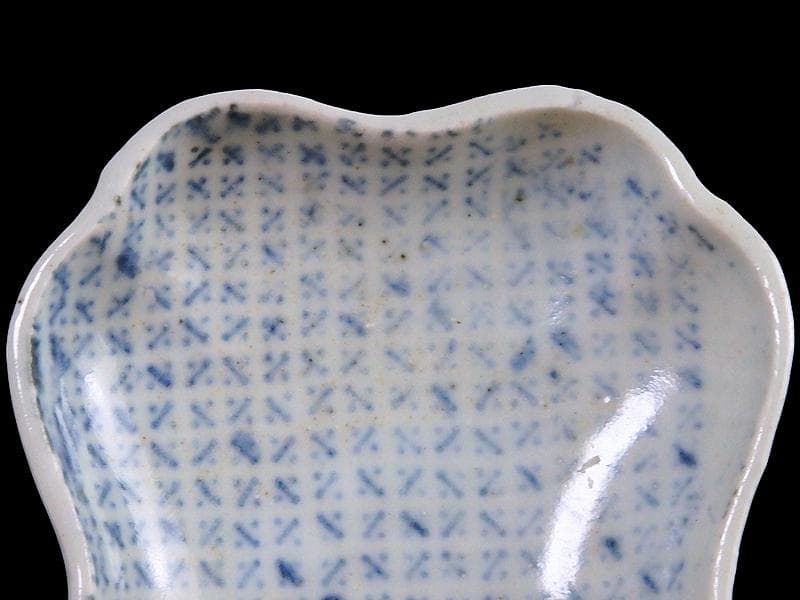 古伊万里　染付　型刷印判　幾何学文様の図　変形皿　E578 AS-CWh