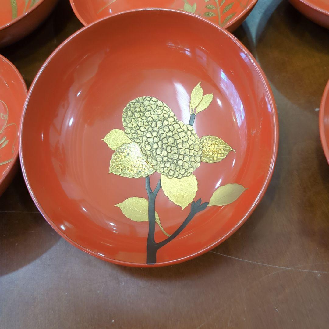 骨董　お椀　木製漆器　蒔絵　図変わり　花尽くし　蓋付き　6客