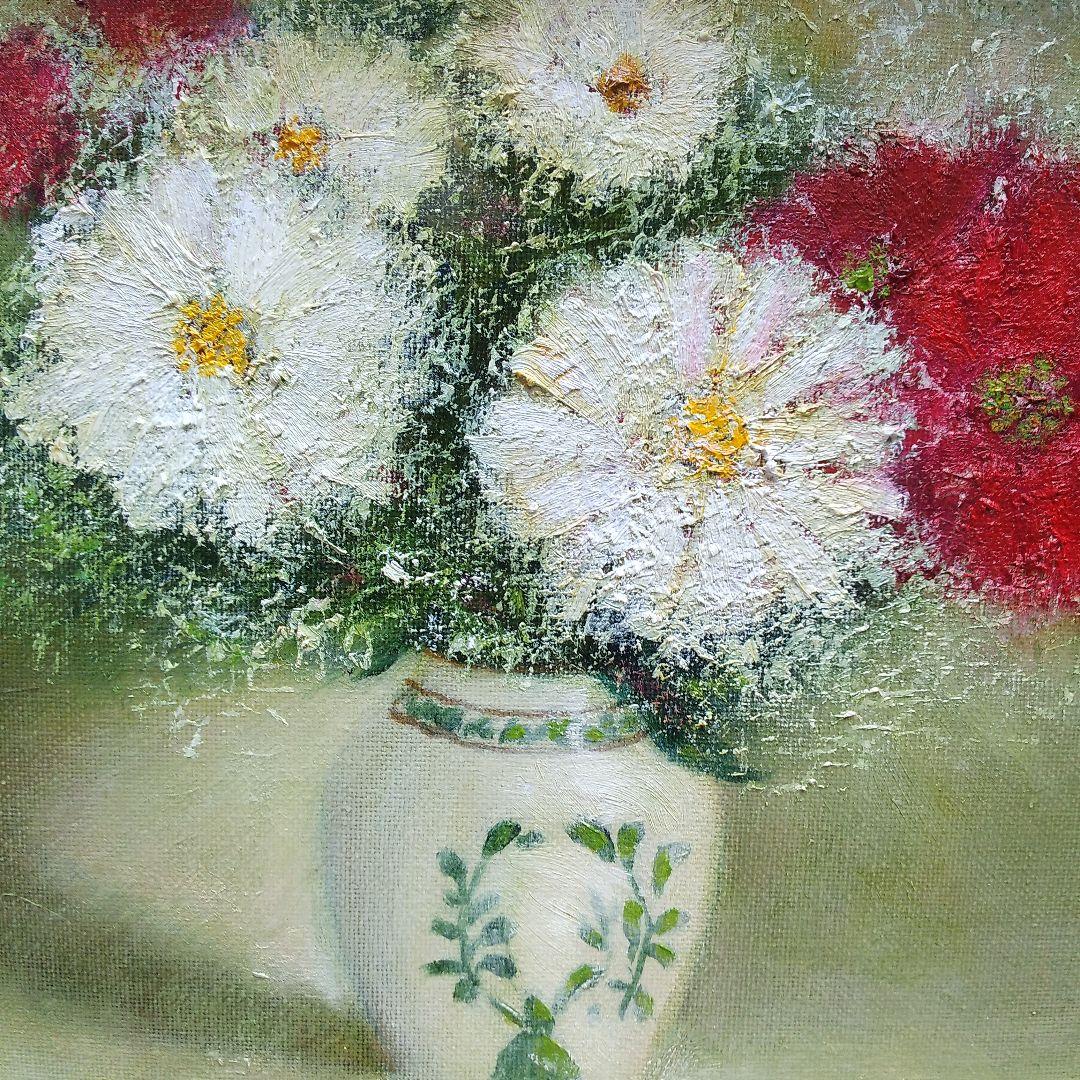 ココ 油絵 花の絵「紅白」F3号 未使用額縁入り （匿名配送）