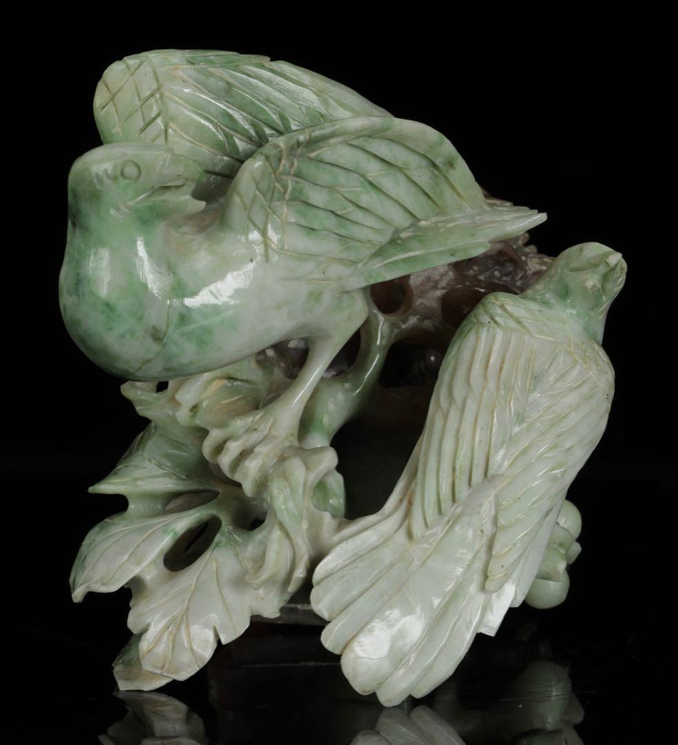 中国古玩 翡翠 玉石 鳥葡萄彫刻 960g 置物 唐物 細密彫刻 天然石 ヒスイ