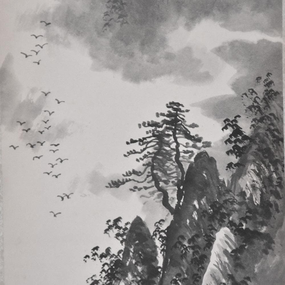 中国美術 桂林山水天下奇 丙寅春首 唐東写 山水画 水墨画 1986年 掛け軸