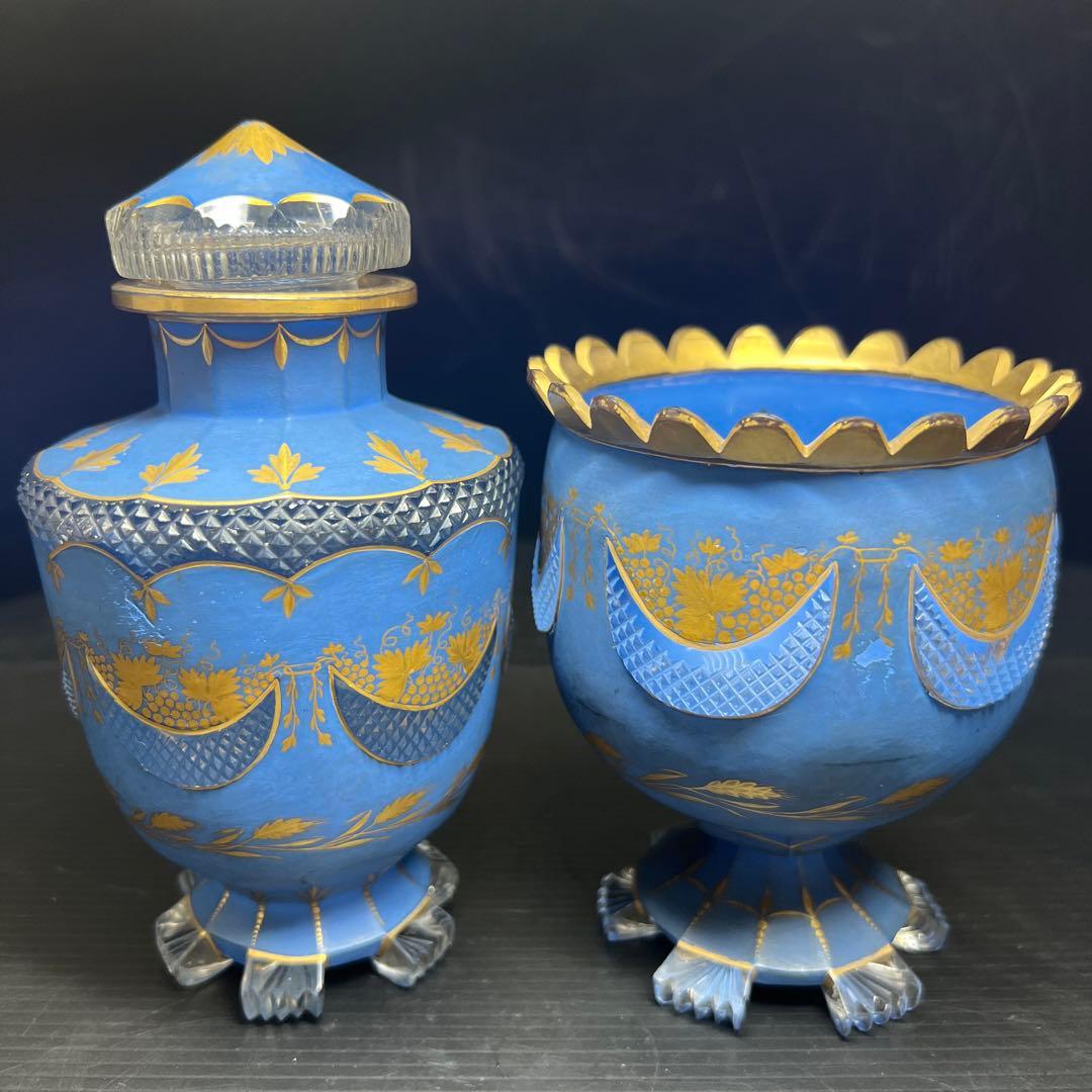 19世紀オールドベネチア　金彩手彫切子デキャンタ、グラスセット　共箱