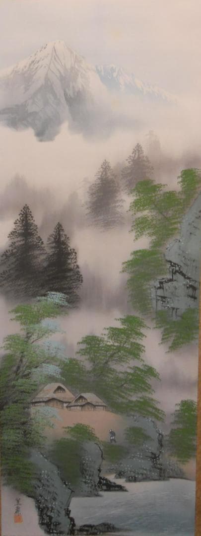 掛け軸 小野蕉麗 新緑山水 絹本 希少 軸装 茶道具 掛軸 美品 です。